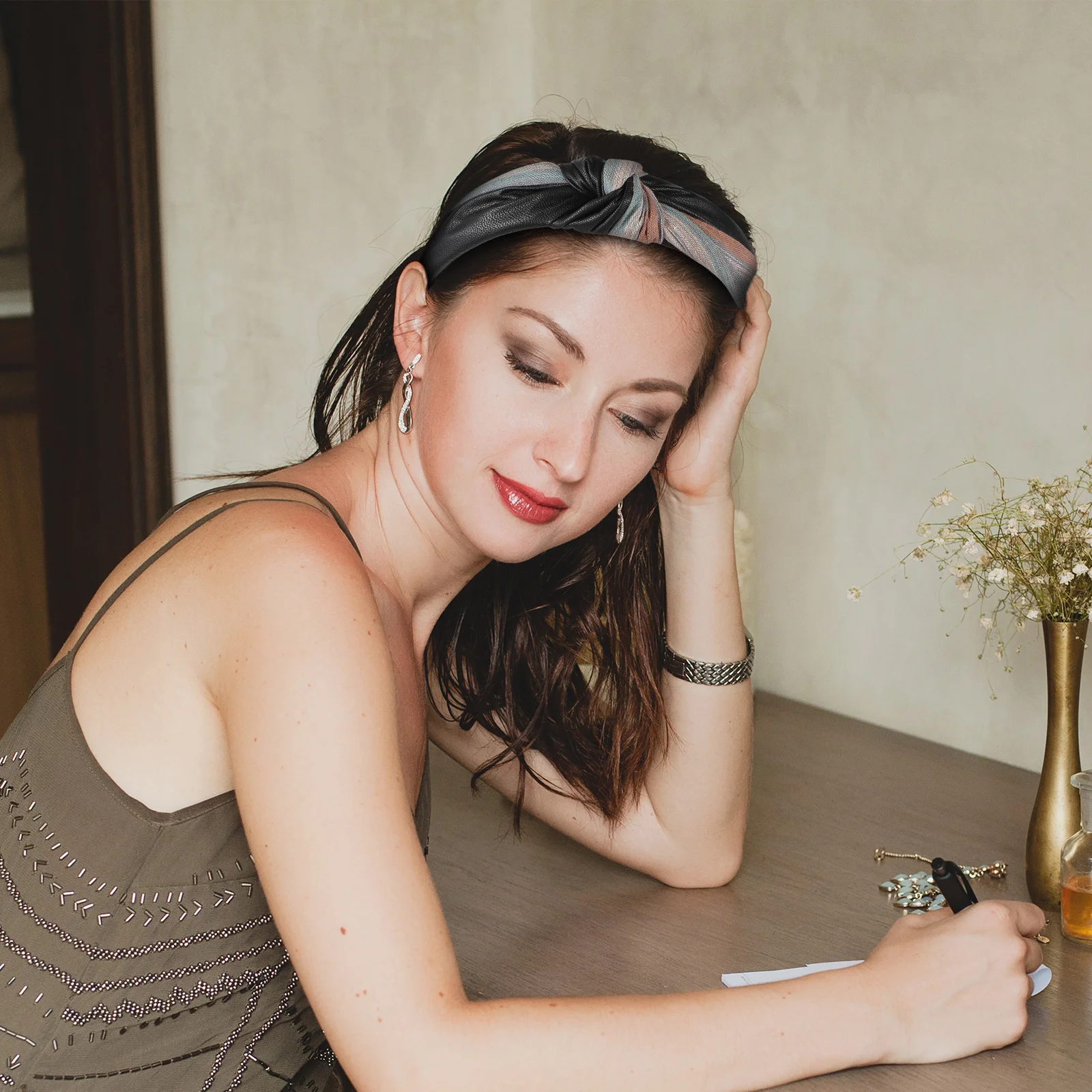 

Wide Headband Women PU Cotton Linen Striped Nonslip Comfortable Hairband Washing Face Boho Halloween Knotted Accessories