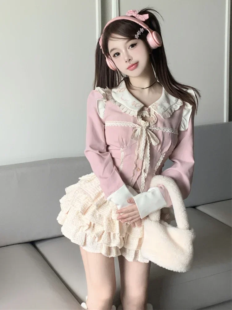 Imagem -05 - Fato de Saias Kawaii Lolita Rosa para Mulheres Renda Japonesa Conjunto Coreano Doce de Peças Blusa Feminina de Manga Longa Minissaia para Bolo de Festa