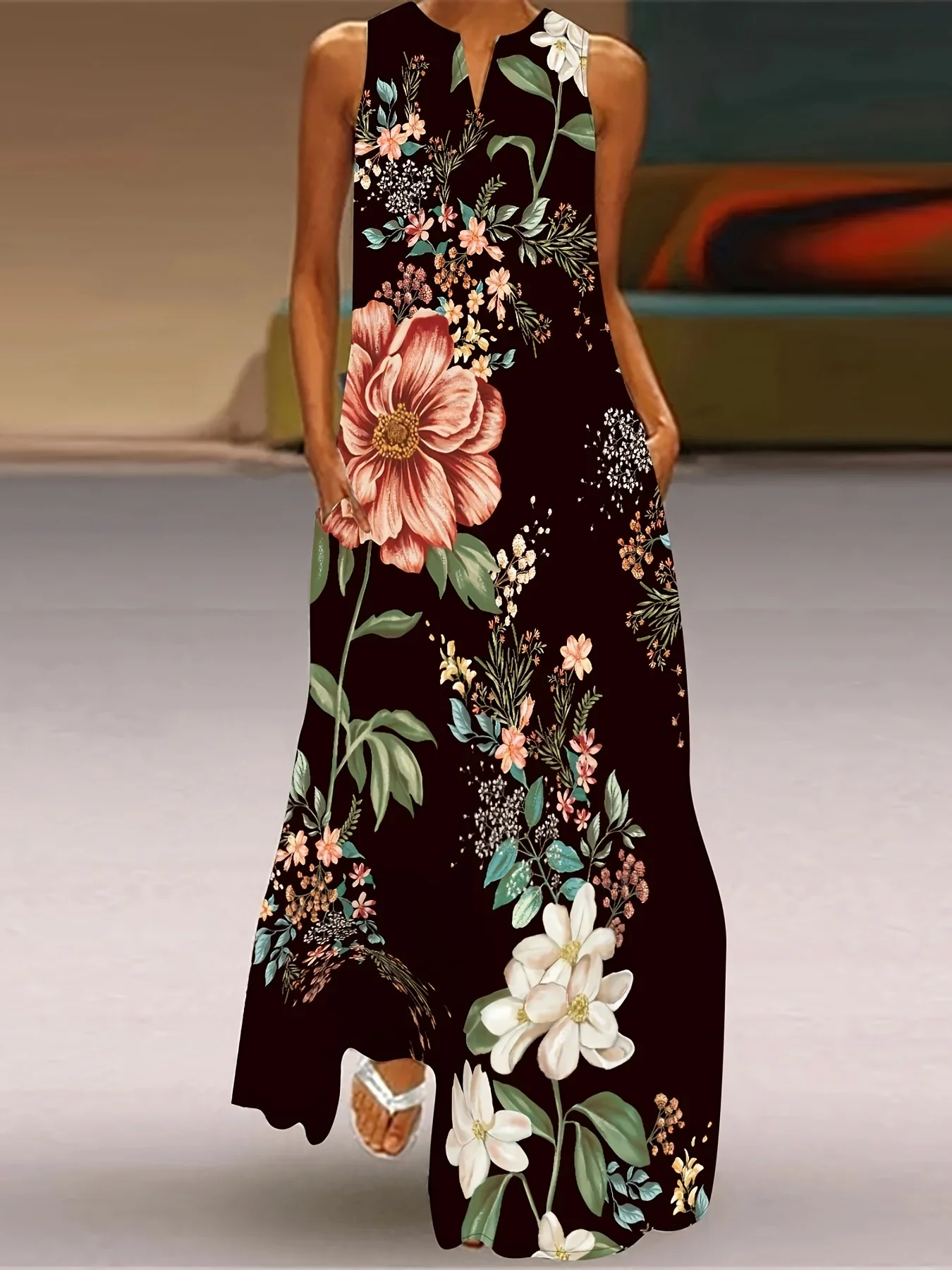 Women's Summer Long Dress Ladies Simple Butterfly Flower Print V-Neck Dress Showing Face Elegant Party Dress Women's Beach Dress