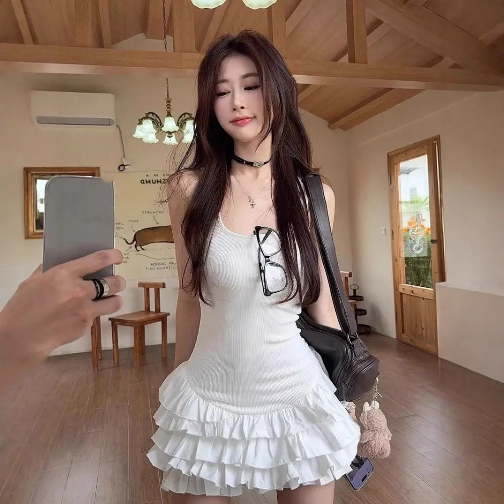 Sukienka typu slim fit z kwadratowym dekoltem, w stylu baletowym, z falbankami, damska krótka spódniczka, bez rękawów, w stylu spicy girl, sukienka na ramiączkach typu halter.