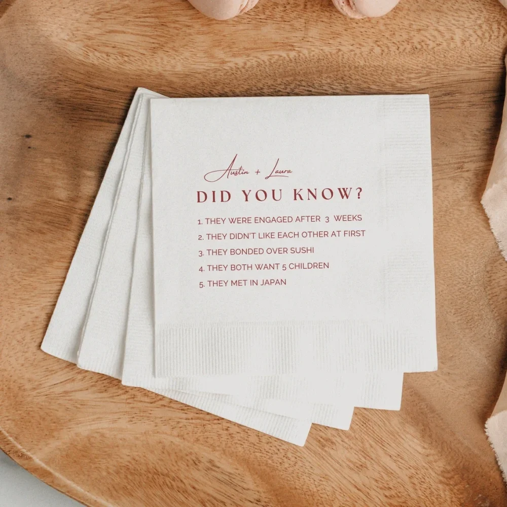 Custom Fun Fact Wedding Napkin Wedding Trivia Cocktail Napkin Wedding Reception Beverage NapkinDecor Elegant Print Coined Edge