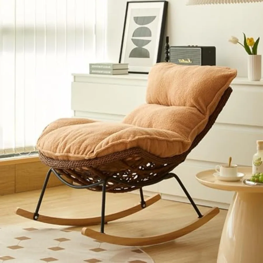 

Handmade Rattan Rocking Chair with Cover Comfy Teddy Upholstered Lounge Glider for Adults Perfect Living Room and Bedroom Easy