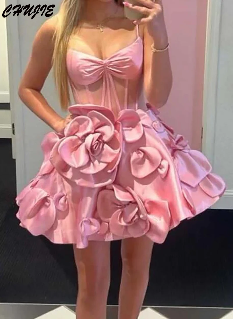 

Satin Mini Prom Dress Sweetheart Graduation Dresses With Flowers Spaghetti Straps Evening Gowns Customized Wedding Party Dresses