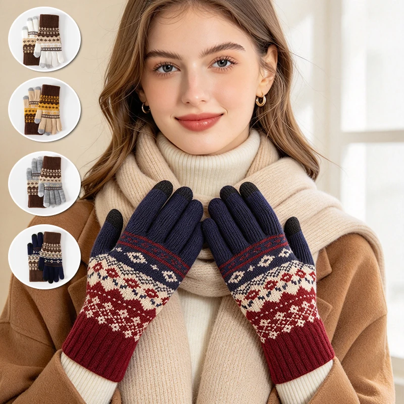 Women Men Gloves Winter Touchscreen Knit Gloves Vintage Jacquard Warm Elastic Cuff Thermal Gloves for Outdoor Daily Wear