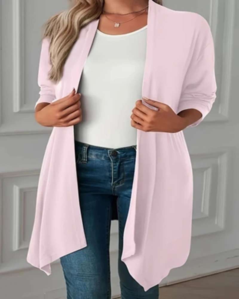 Plus Size Solid Color Open Front Top, Casualowy top z długim rękawem na wiosnę i jesień, odzież damska w dużych rozmiarach