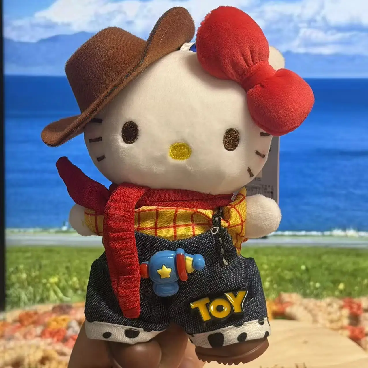 

Hello Kitty Plush Keychain Cowboy Hat Denim Overalls Scarf Design Cool Kitty Plush Doll Pendant for Diy Backpack Accessory Gifts