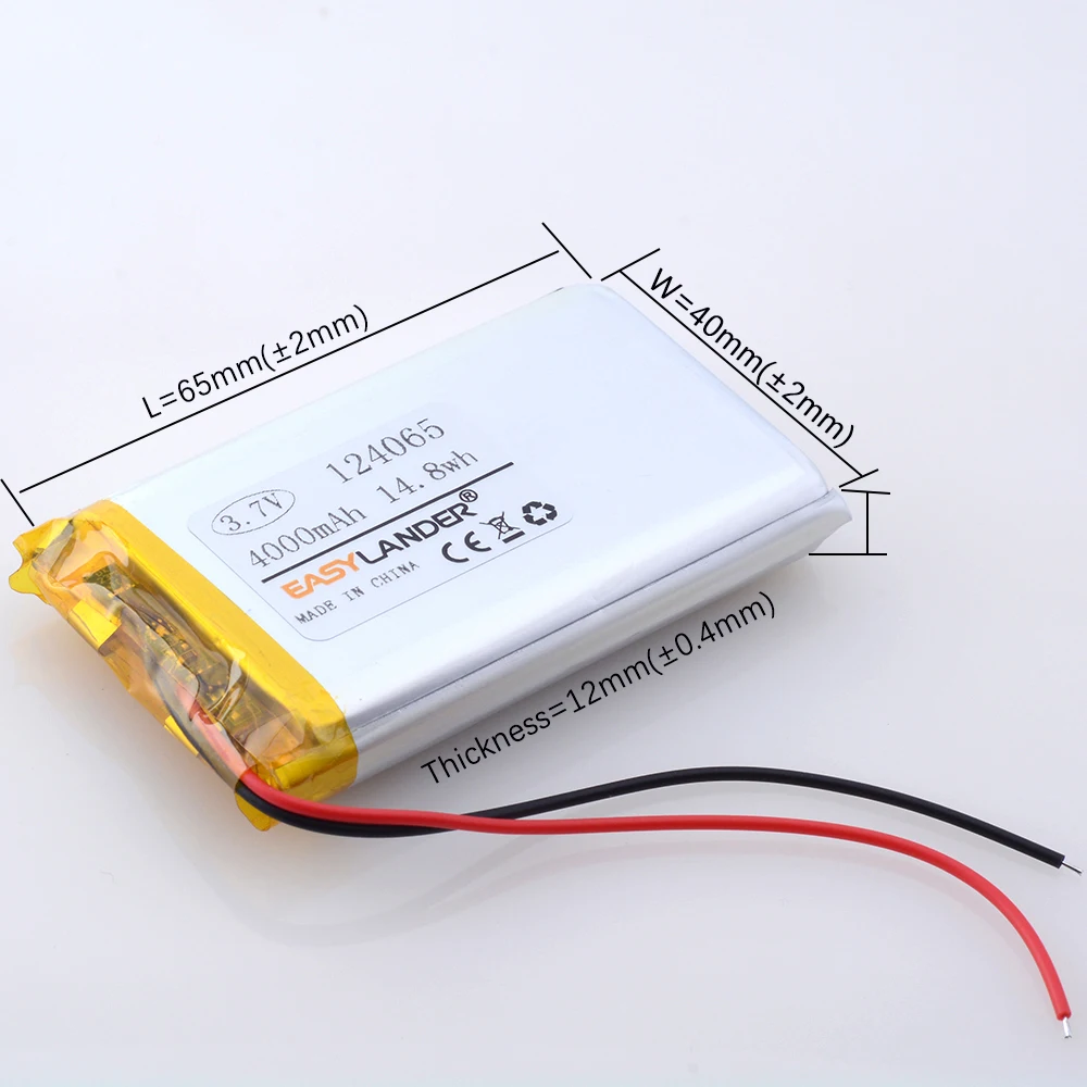 124065 3.7 فولت 4000 مللي أمبير بطارية ليثيوم بوليمر قدرة عالية Jst PH 2.0 مللي متر 2pin التوصيل تدفئة اليد اللوحي الأجهزة الطبية كاميرا