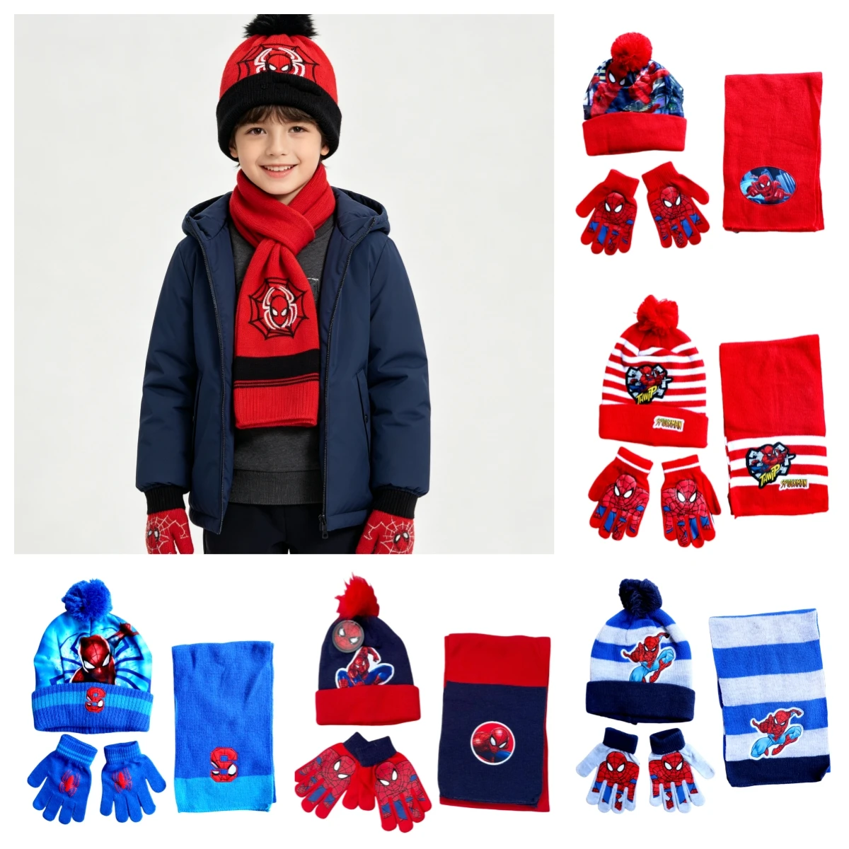 New Kids Spider-Web Knitted Hat Scarf Gloves Set Pompon Beanie Warm Autumn Winter Superhero Style Accessories Caps Boys Gift