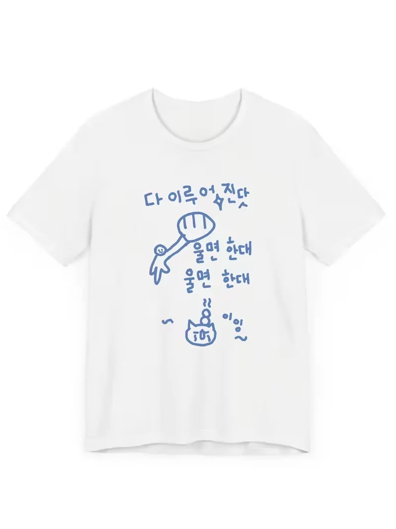 Funny blue simple Cat Spoon Cartoon Print Women's T-Shirt,2026 SpringSummer Korean-style New Casual Short Sleeve Daily Wear Top