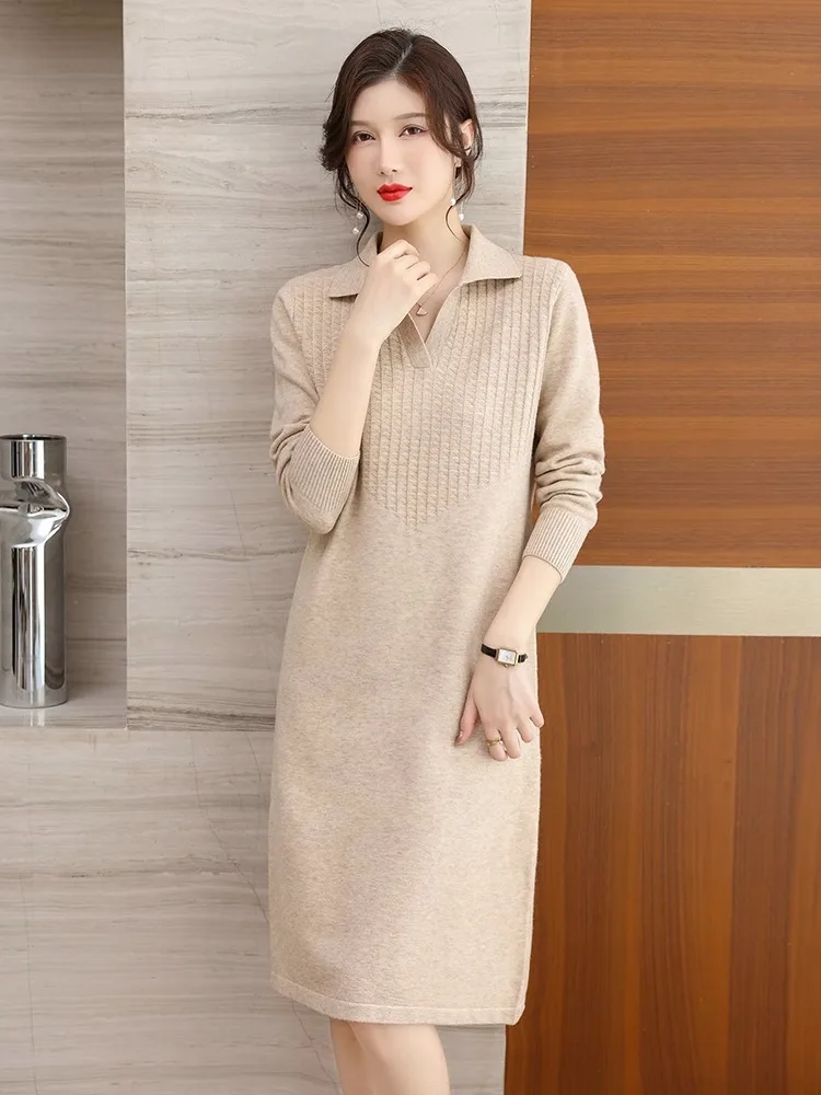 Oversize Women Knitting Sweater Dress For Spring Autumn 2024 New Casual Turn Collar Pullover Solid Patchwork Slim Female Dresses