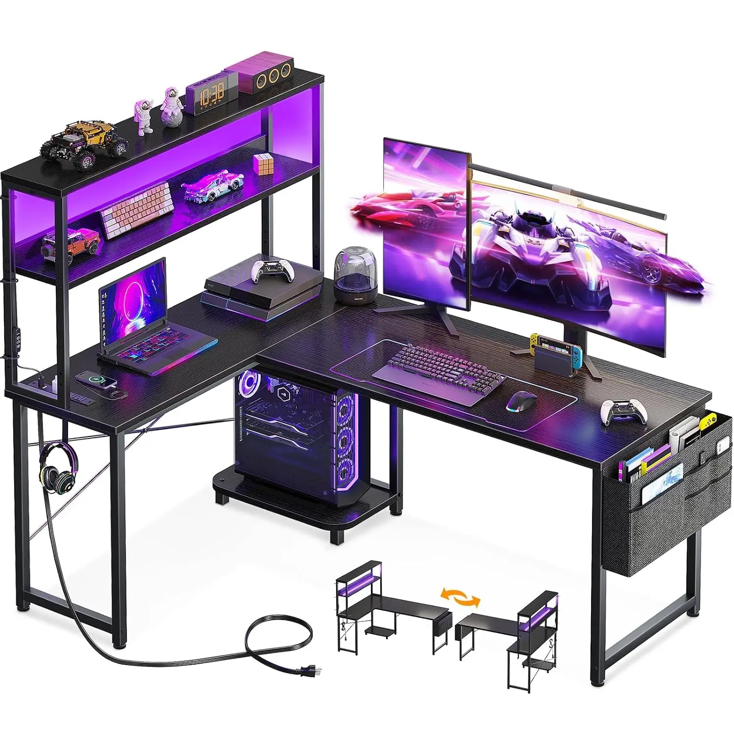 L Shaped Gaming Desk with LED Light & Power Outlet, Customized