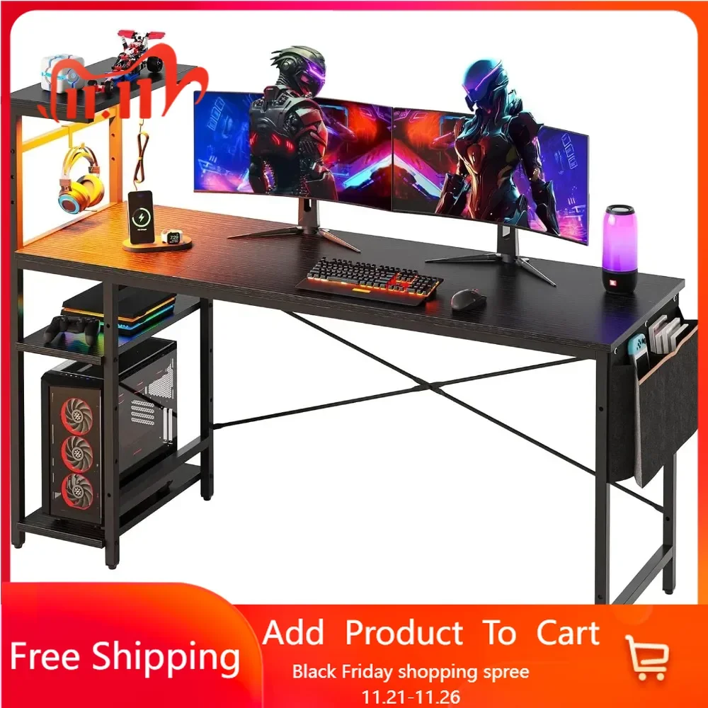 Gaming Desk with Shelves, 61 Inch Large PC Gaming Table with LED Lights, Led Gamer Desk with 4 Tiers Reversible Storage