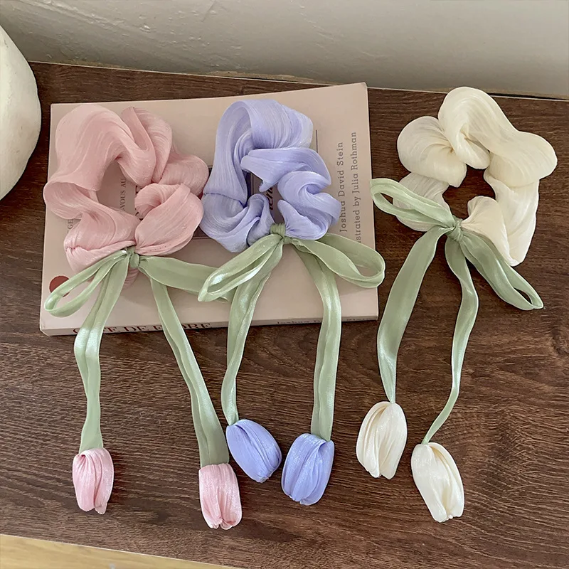 Women Girls Cute Hair Bands Korea Preppy Style Hair Ties Elegant Tulip Scrunchie Ponytail Holder Bow Chouchou Hair Accessories