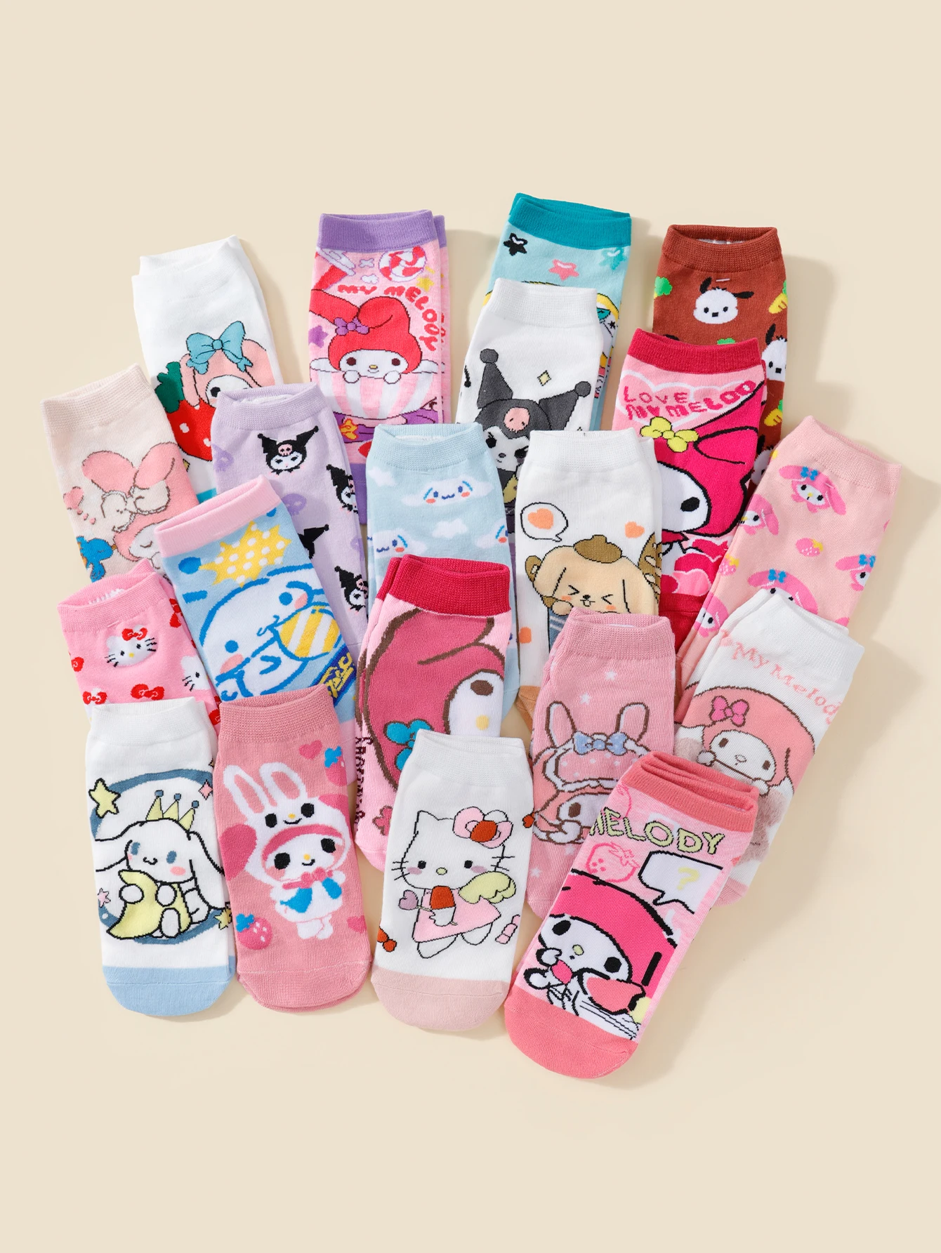 

5/10/15/20 Pairs of random miniso new Korean version sanrio Cartoon pattern Cute and sweet Women's short socks
