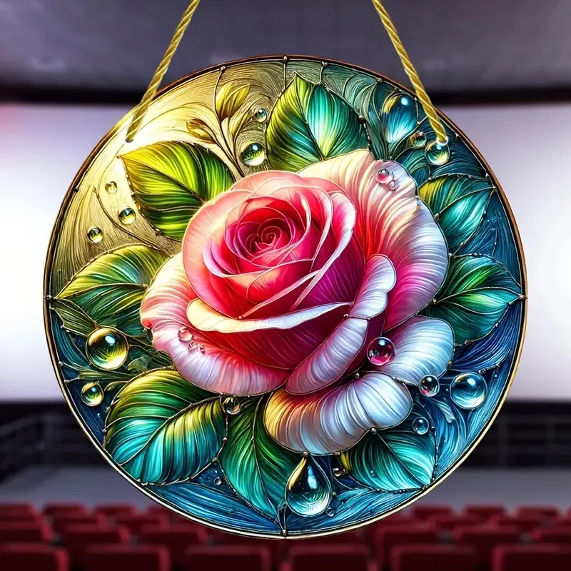 Colorful Roses Sun Catcher-Round Acrylic Stained Art Translucent Window Hanging Sign,Home,Porch,room,bedroom,Garden Decor