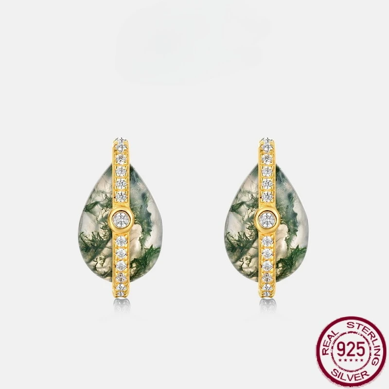 

Новые серьги из чистого серебра S925 в форме капли с натуральным зеленым моховым камнем, инкрустированные агатом водой травы для свадебных украшений