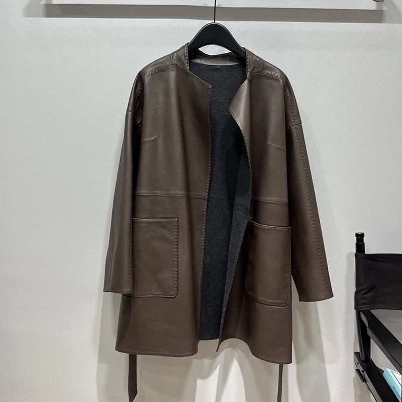 Women's Genuine Leather Jacket Autumn High End Imported Goatskin Lychee Pattern Long Loose Lazy Temperament Ladies Leather Coat