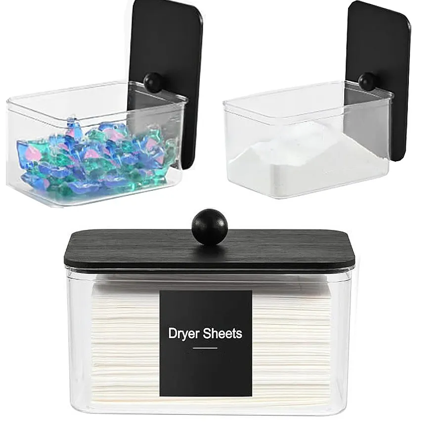 Clear Acrylic Bathroom Storage Container with Lid Labels Dryer Sheet Holder Fabric Softener Dispenser Laundry Room Organizer