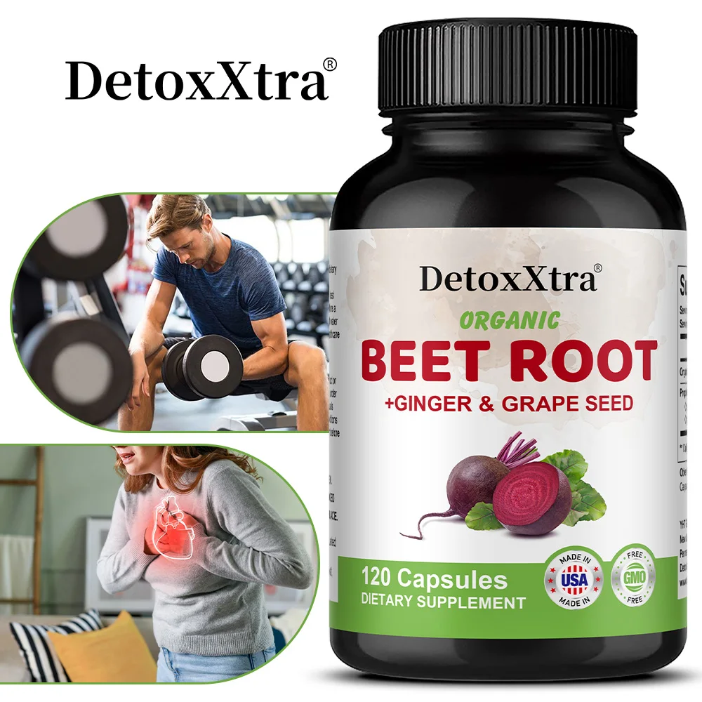 

Organic Beetroot Capsules - Beetroot 800mg 20:1 Extract with Ginger and Grapeseed - Supports Circulation and Heart Health