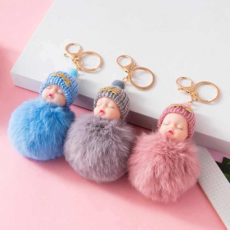Fake Rabbit Fur Ball Sleeping Baby Doll Keychain Pompom Car Keyring Baby Key Chain Women Key Holder Bag Pendant Jewelry Charm