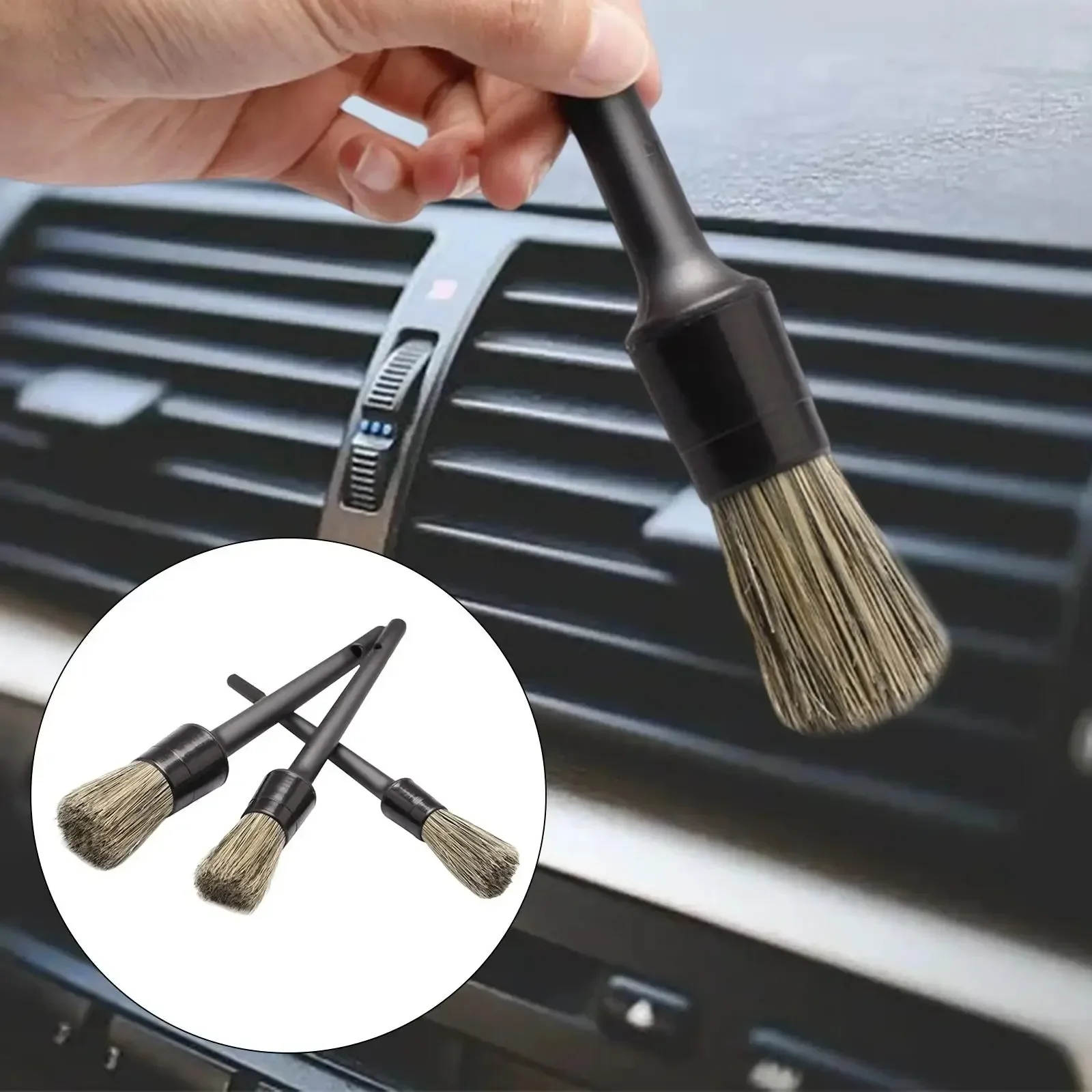 3 Pcs Natural Boar Hair Car Detailing Brush Set Soft Bristle Car Cleaning Brush Kits Atuo Tire Wheel Wash Exterior Accessories