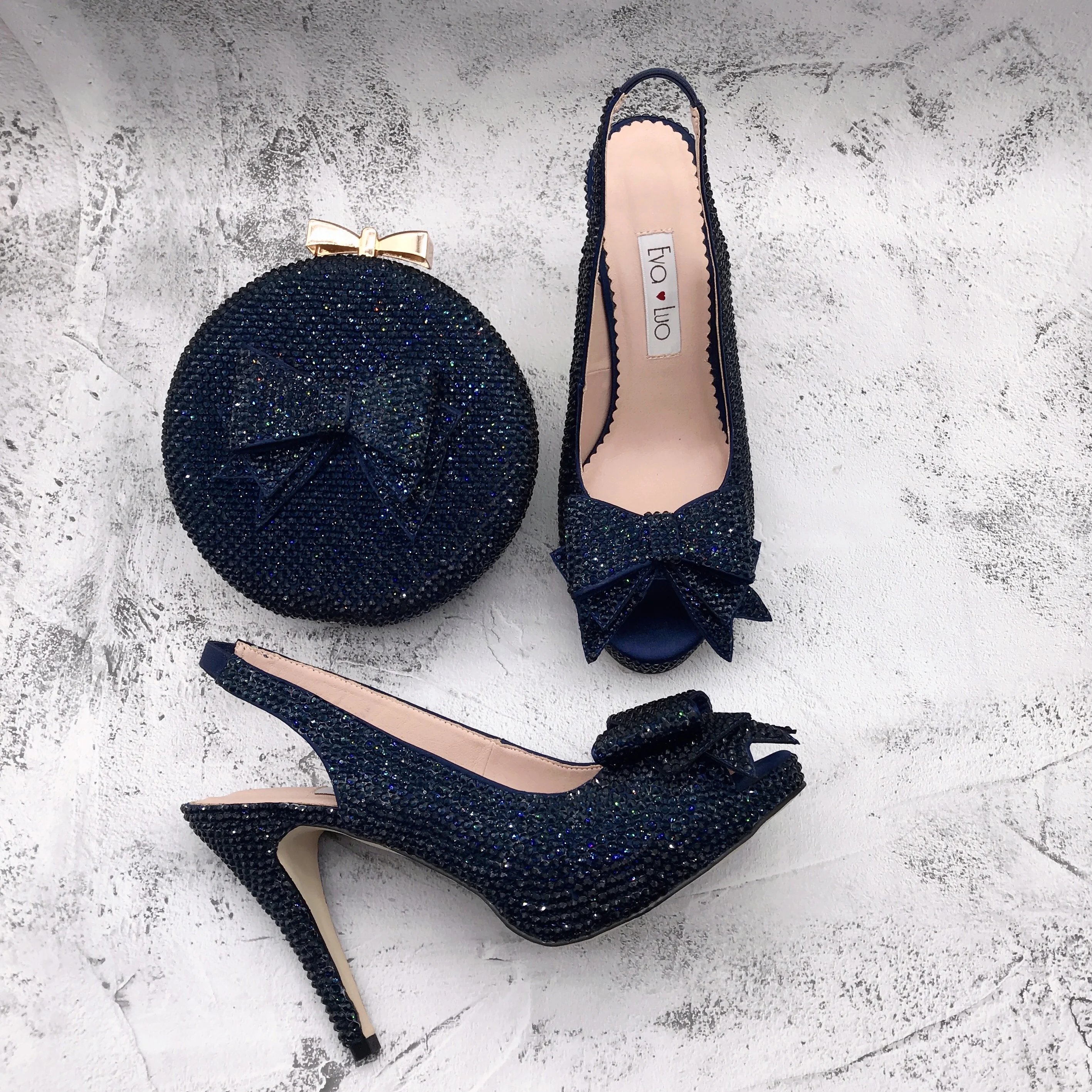 

BS1519 Custom Made Women Shoes Dress Pumps Bridal Wedding Shoes Navy Blue Crystal Shoes With Matching Bag