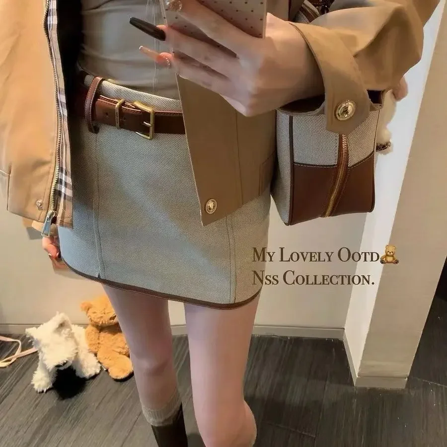 Belt Short Half length Skirt Women's Winter New High waisted Slim Short Skirt Retro A-line Skirt Children's 2024 New Style
