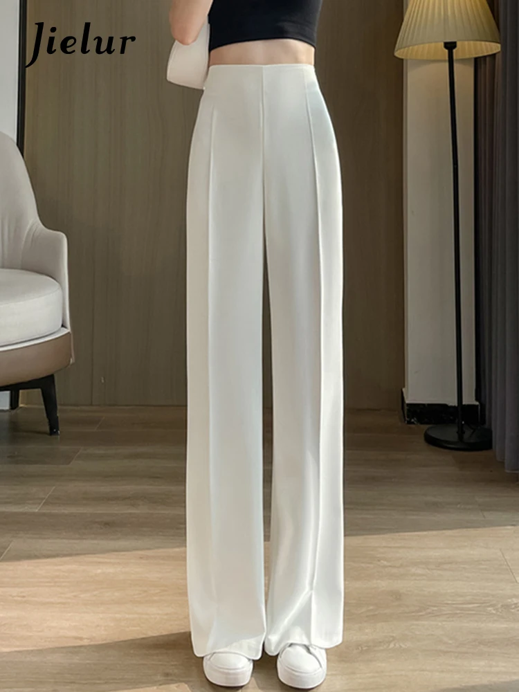 

Jielur White Slim Female Wide Leg Pants Full Length High Waist Summer Simple Women Suit Pants Loose Solid Color Zipper Y2k Pant