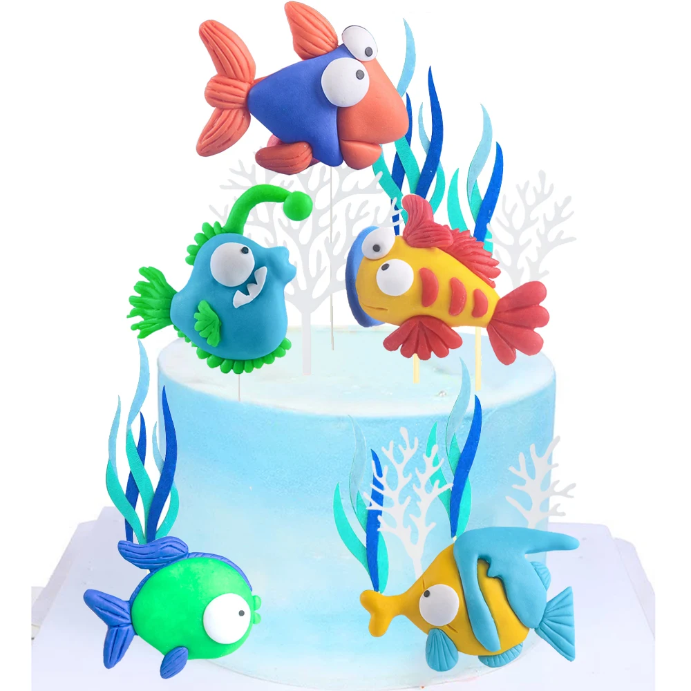 Fish Baby Birthday Cake Topper Sea Animal Fish Figures Toppers  Baby Shower Whale Topper Ocean Theme Birthday Party Decorations