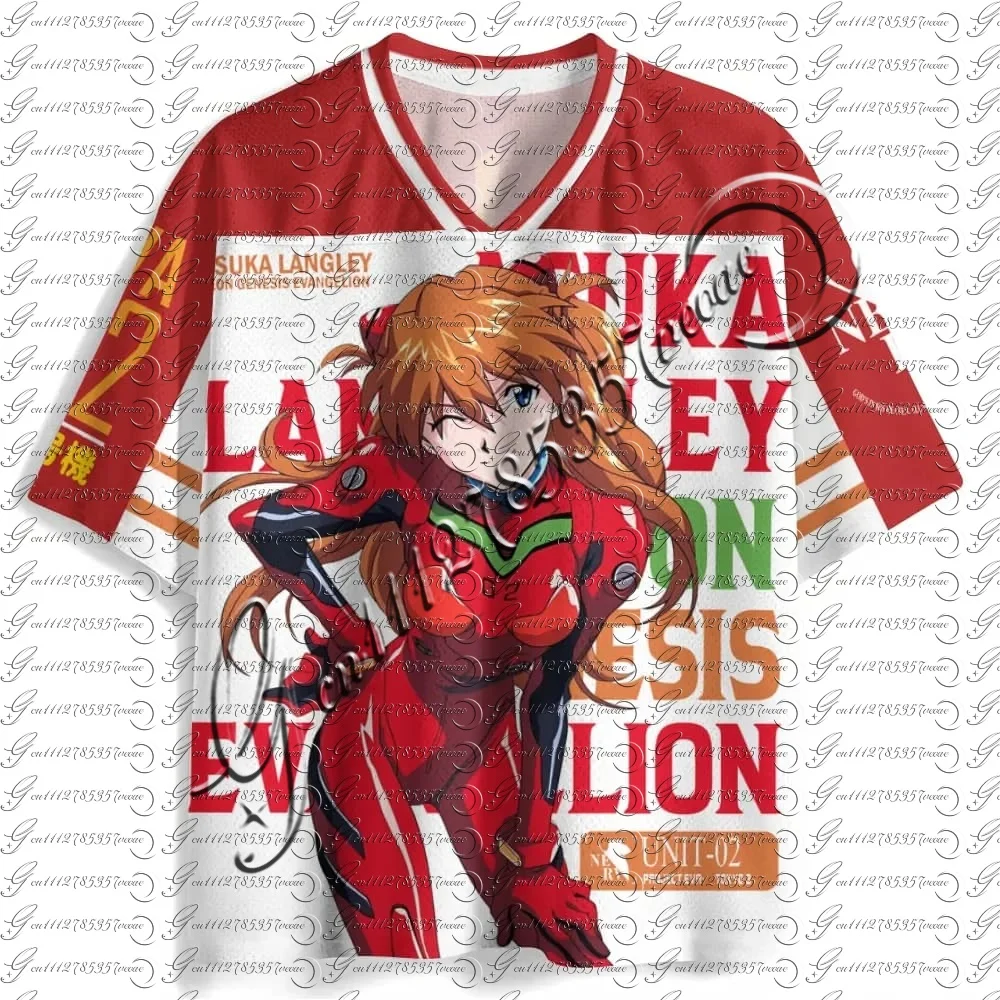 Neon Genesis Evangelion Asuka Langley Soryu # 2 Camisetas de Fútbol Americano, Diseño Anime Rojo Blanco con Estampado 3D Completo, Camiseta de Rugby Unisex