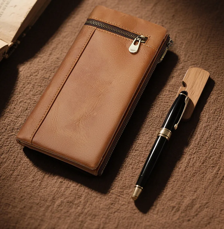 

Real leather men's long wallet folded buckle multi-card large capacity ultra-thin simple men's business travel wallet