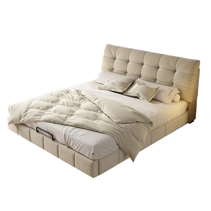

Cream wind, cloud puff cotton and linen soft fabric bed, modern simple double flush bed