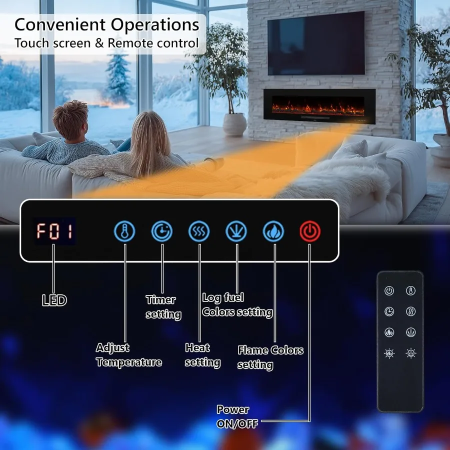 50 Camino Elettrico da Incasso e Riscaldatore a Parete con Fiamma a 13 Colori e Letto Carburante 5 Impostazioni Dimmer Touchscreen Inte
