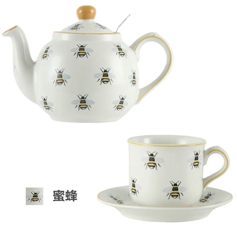 London Pottery 600ML Animal bee ceramic teapot with stainless steel infuser 1200ml porcelain tea pot and 220ml cup and saucers