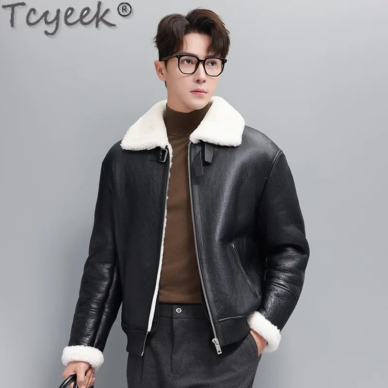 Tcyeek Natural Sheepskin Fur Coats Genuine Leather Jacket Men Winter Clothes Wool Real Fur Motocycle Jackets Casaco Masculino