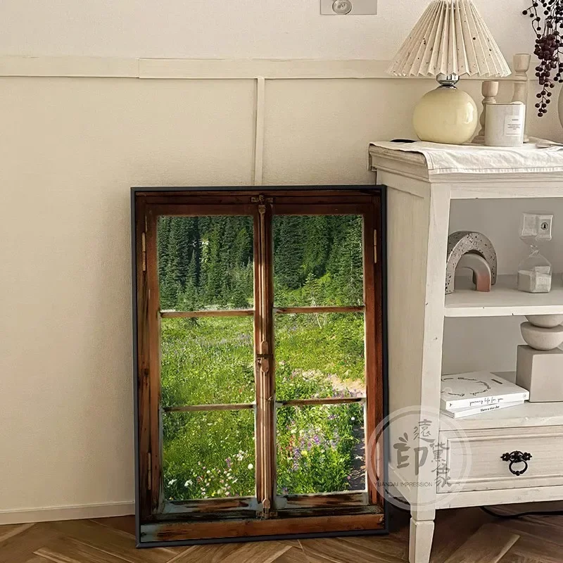 French retro false window outdoor landscape decoration painting ins living room dining  mural small bedroom bedside