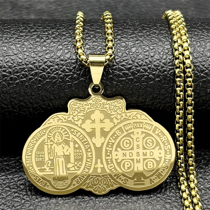 Saint Benedict Medal Necklace for Women Men Stainless Steel Gold/Silver Color Religious Chain Jewelry medallas acero inoxidable