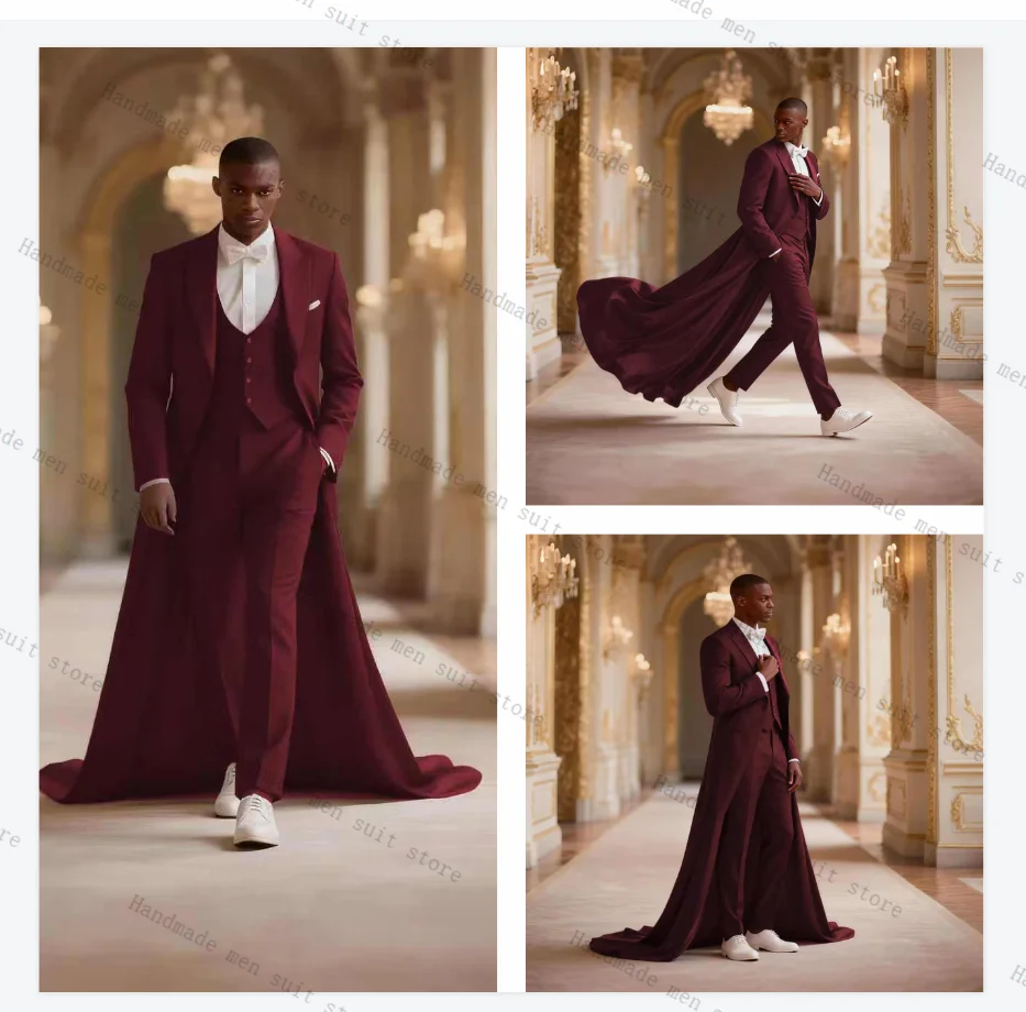 

Formal Burgundy Men Suit Set 3 Pcs Long Blazer+Vest+Pants Prom Wedding Tuxedos Coat Cotton Customized Office Business Jacket