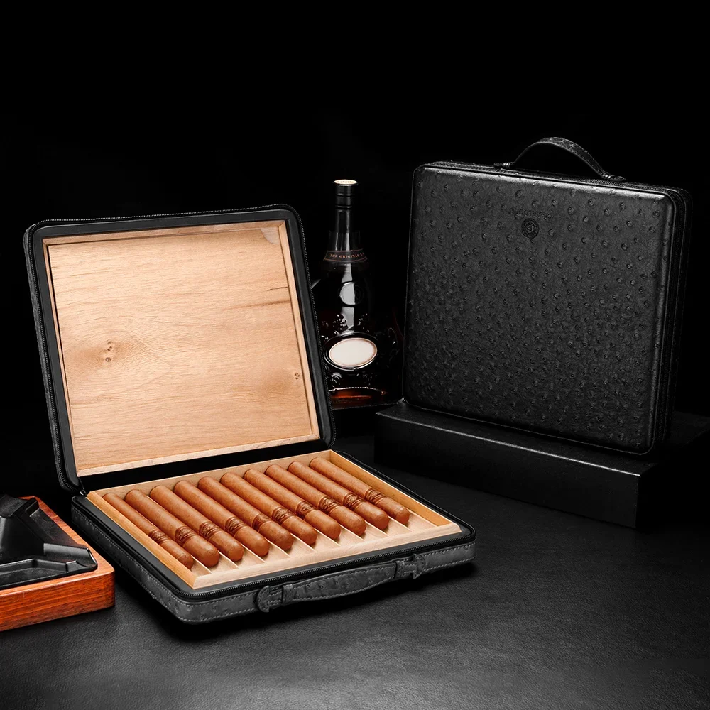 Portable Cigar Box Cigar Humidor Cow Leather Zipper Cedar Wood Inside Capacity 10 Pieces Moisturizing CLA-23FU1