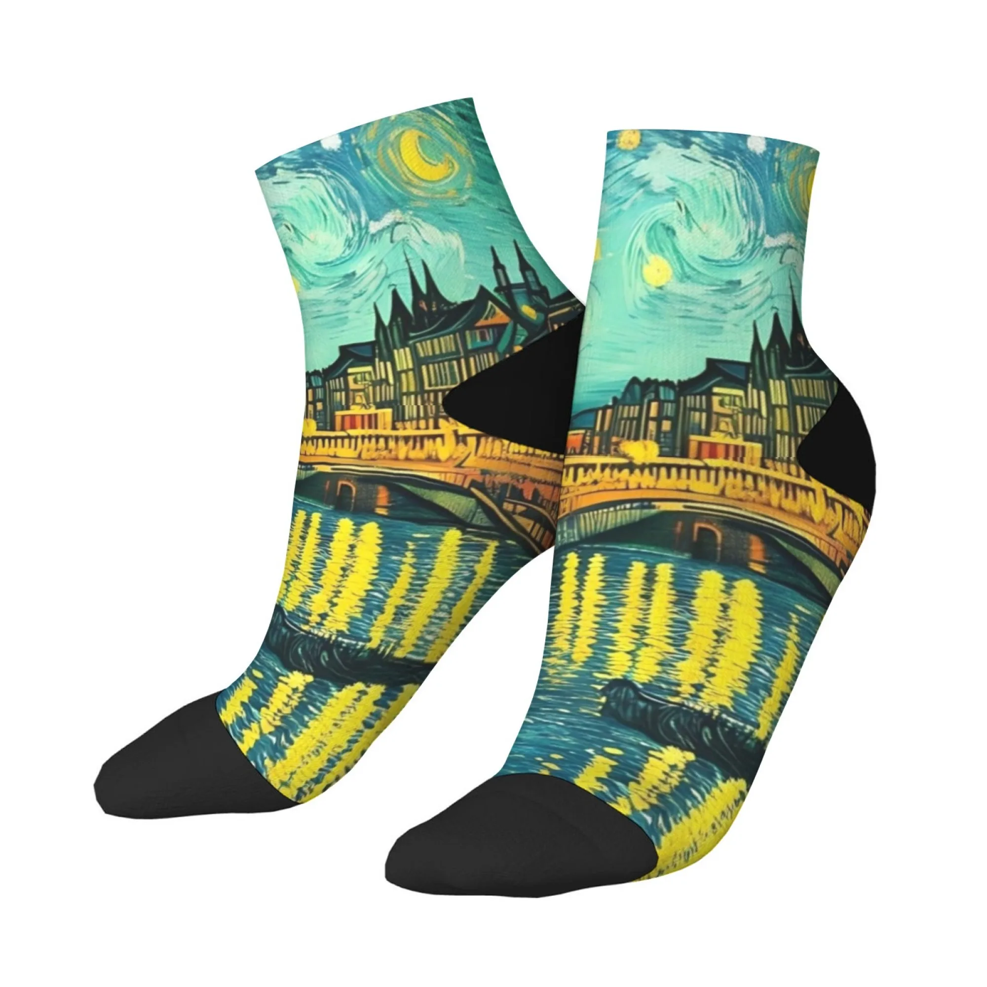 Wearable Van Gogh Style Socks，“Starry Night” & Riverside Cityscape Design ，Art - Inspired Fashion，Gallery Visits & Daily Life