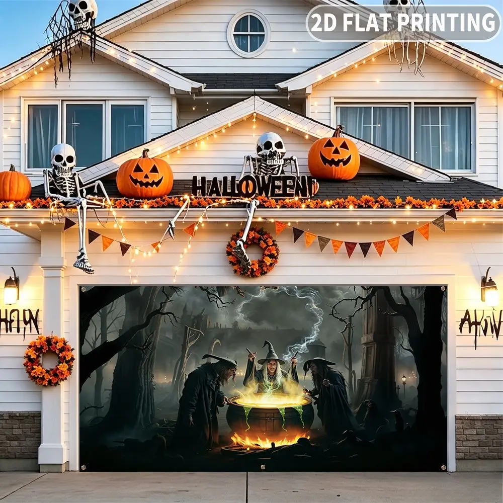 1pc 2D FLAT Halloween Party Garage Banner, Three Witches Brewing Potion In Forest Pattern, Decorative Polyester Banner