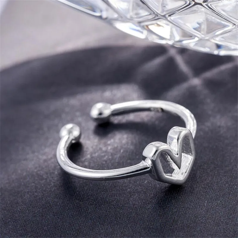 

New Simple Love Fashion Jewelry 925 Sterling Silver Popular Hollow Sweet Heart Shaped Women Exquisite Opening Rings R227