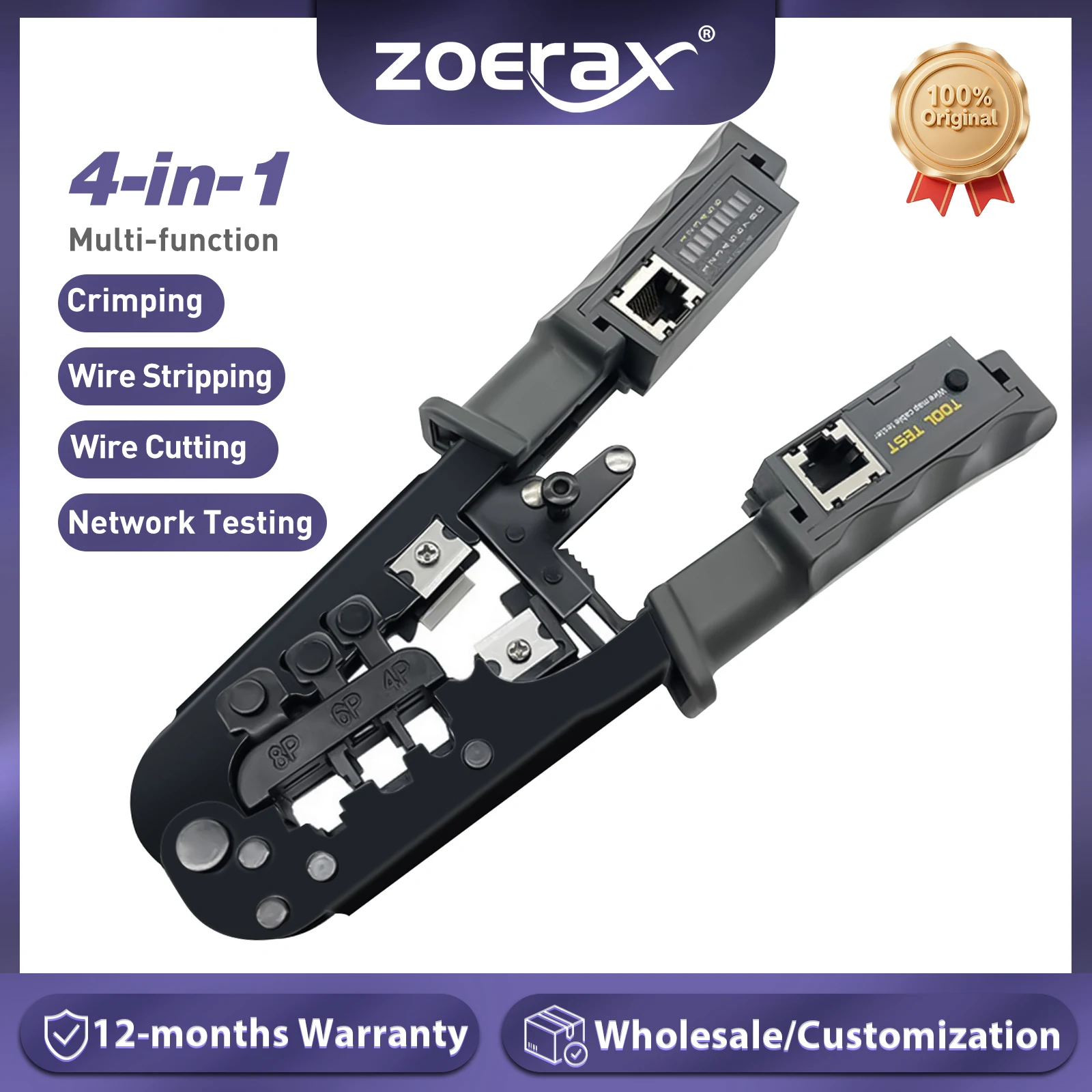 

ZoeRax RJ45 RJ12 RJ11 Network Crimp Tool 8P6P4P Tester Tool With Strip,Cut,Crimp and Test Functions(Battery is Not Included)