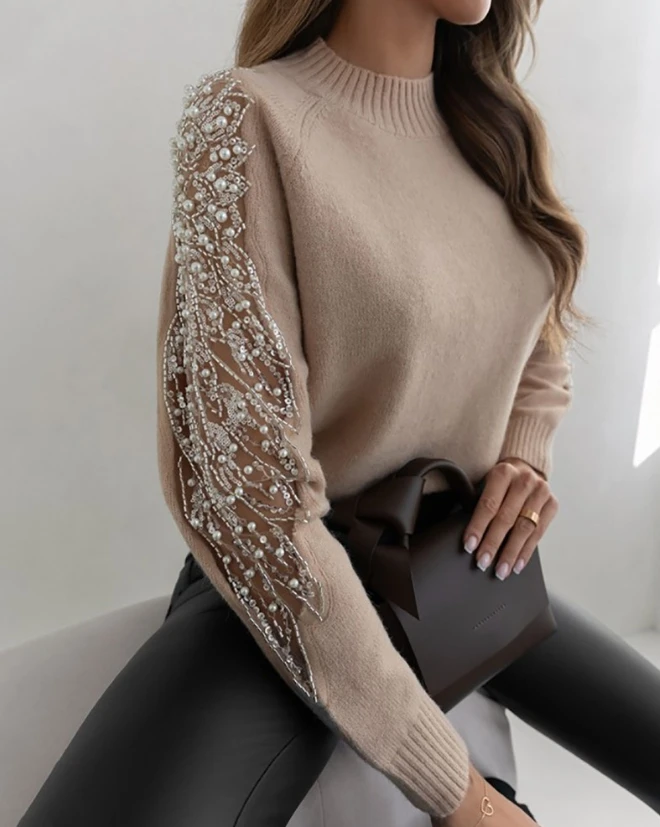 Women's Sweater Solid Color Versatile Pullover 2023 Spring Autumn Everyday Contrast Sequin Beaded Sheer Mesh Patch Knit Sweater