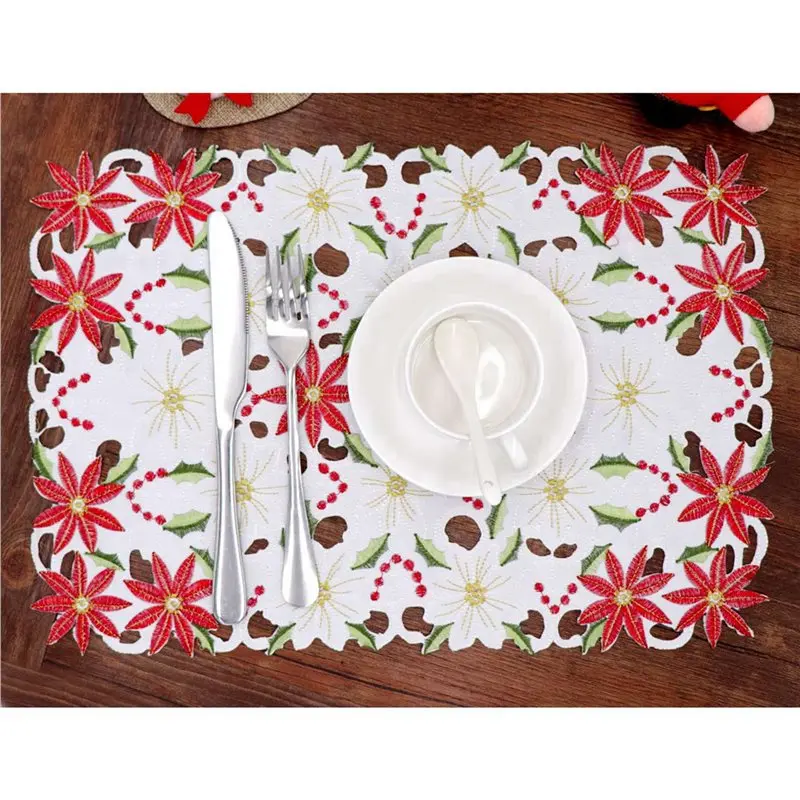 ABFU-Placemats Set Of 12 Embroidered Christmas Poinsettia & Holly Design, 11X17 Inch Christmas Table Decor