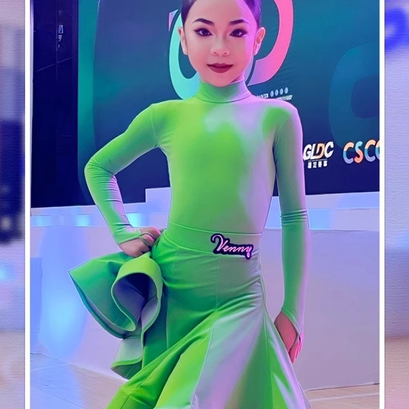 فستان رقص لاتيني للنساء، زي مسابقة قاعة الرقص، قماش ذهبي لامع، ملابس رقص قياسية احترافية برقبة عالية #6