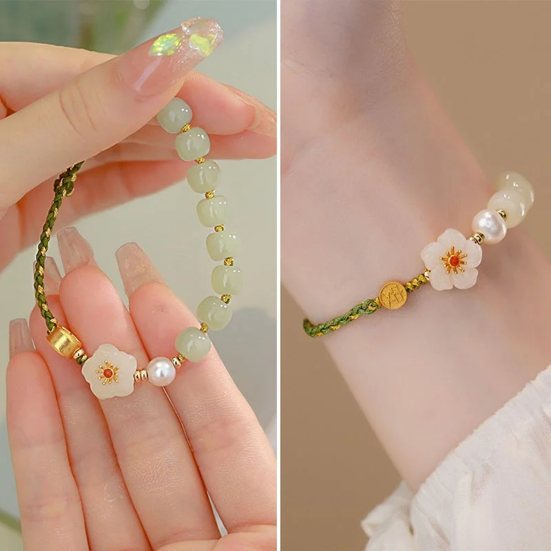 pulseras mujer san valentin tous joyería mujer bisuPulsera de lujo con diseño de flor de cerezo para mujer, brazalete de cuerda tejida a mano con perlas de ágata roja, Jade, melocotón, flor de cerezo, regalo de joyería