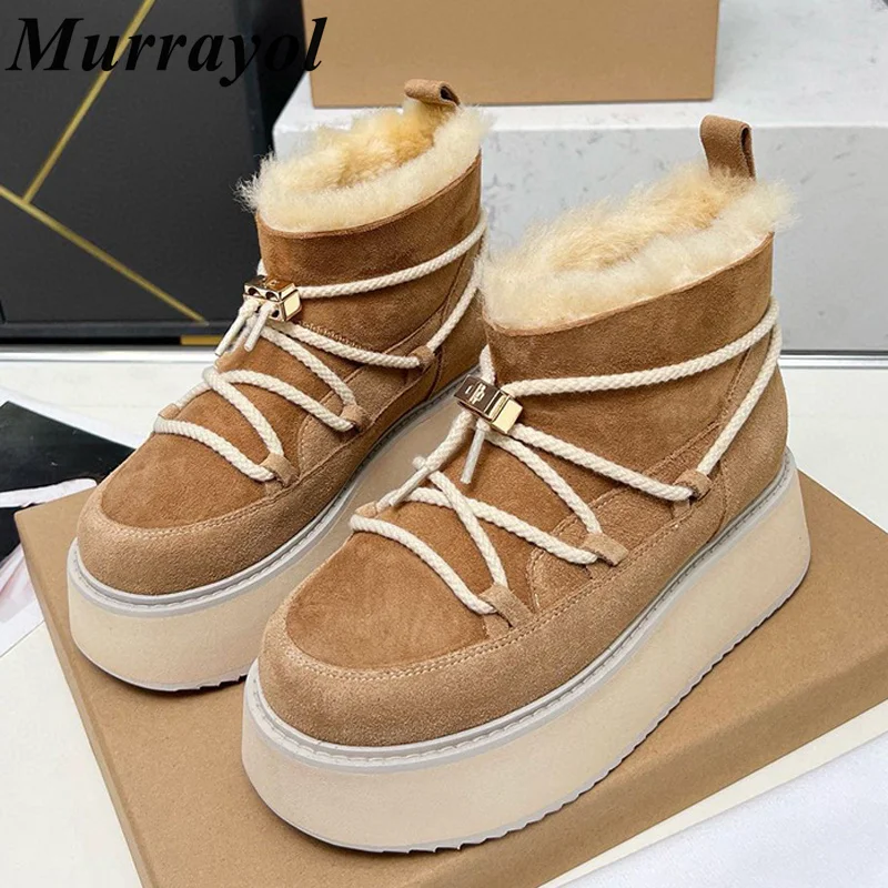 

Cow Suede Lace-up Thick Bottom Snow Boots Women Round Toe Wool Llining Warmth Short Botas Winter Non-slip Mid-Calf Boots