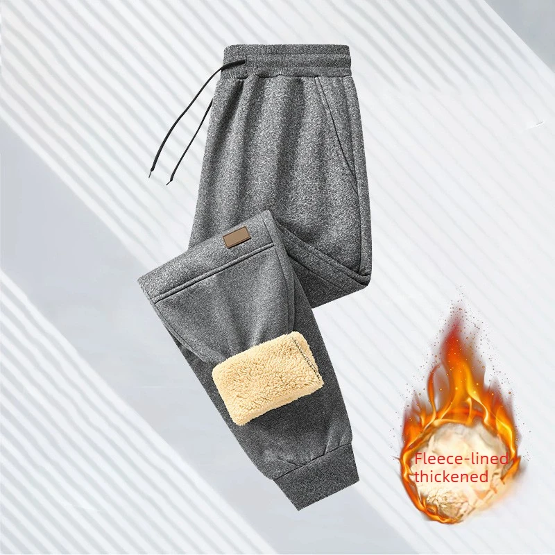 Men Winter Fleece Lined Pants Casual Solid Color Warm with Side Pockets Sport Pants Skin-friendly Lining Rib Leg Trousers