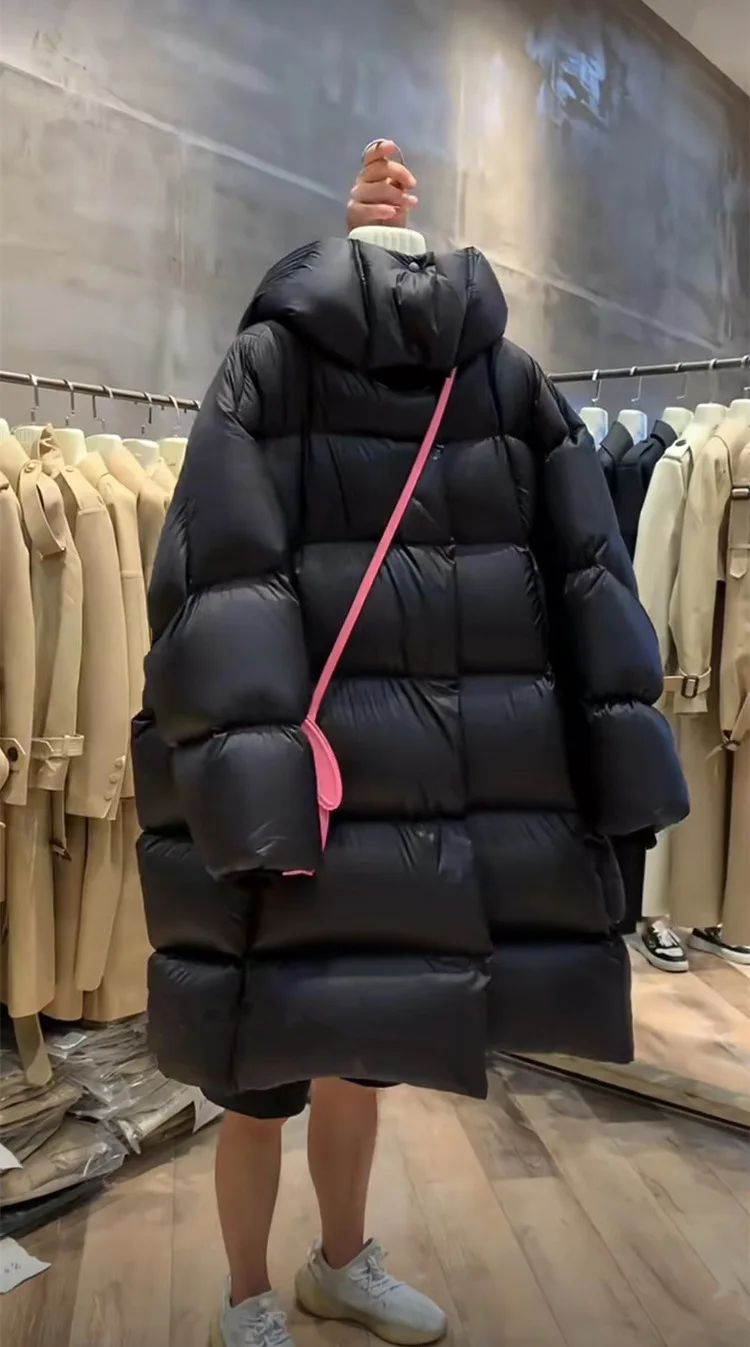 Winter Hooded Fluffy Mid Length Warm Down Jacket Women White Duck Down Puff Windproof Parker Outwears Female Loose Warm Jackets